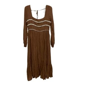 Brown Long Sleeve Maxi Dress L Boho Peasant Cottagecore Rickrack Coastal Cowgirl